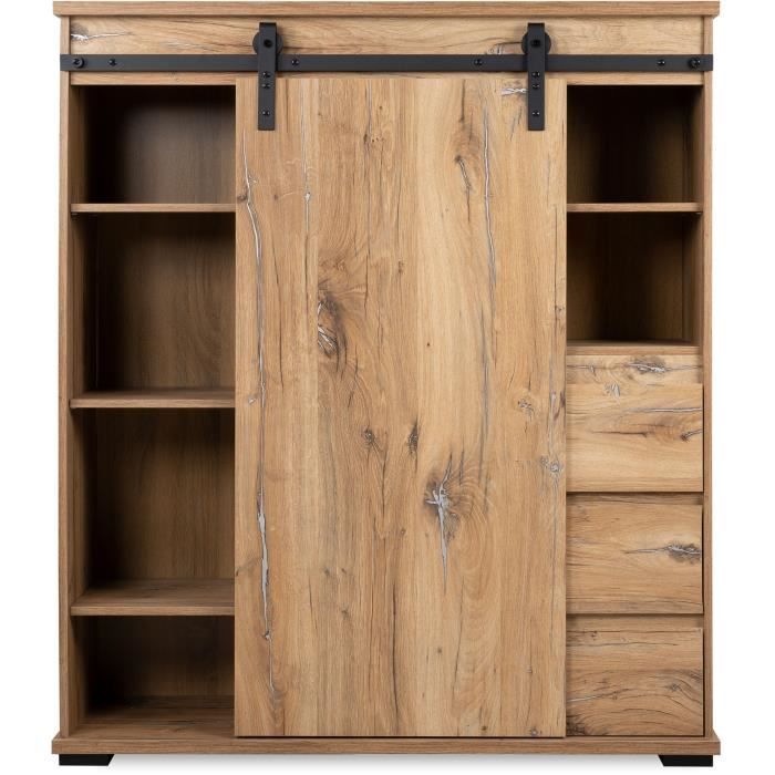 AUCUNE MANZANO dressoir - Flagstaff eiken decor - 1 schuifdeur + 3 laden + 2 nissen - L120 x H140 x D40 cm -