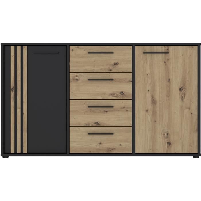 AUCUNE DRESSOIR CARDIGAN 2 deuren, 4 laden - Ambachtelijk eiken en zwart decor - L142,6 x D34,2 x H82,3 cm - Zwarte metalen handgrepen -