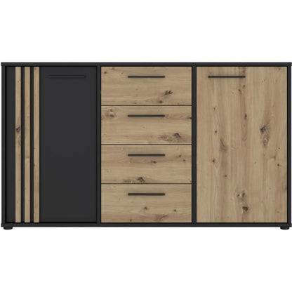 AUCUNE DRESSOIR CARDIGAN 2 deuren, 4 laden - Ambachtelijk eiken en zwart decor - L142,6 x D34,2 x H82,3 cm - Zwarte metalen handgrepen -