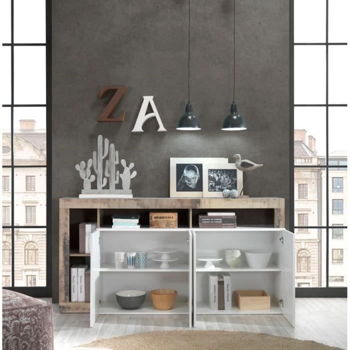 MAESTRO Dressoir met 4 deuren - glanzend gelakt wit en vintage houtimitatie - L 184 x D 42 x H 93 cm - MAESTRO -