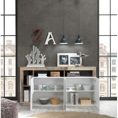 MAESTRO Dressoir met 4 deuren - glanzend gelakt wit en vintage houtimitatie - L 184 x D 42 x H 93 cm - MAESTRO -