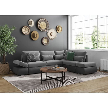 LOUNGITUDE SEVARA 4-zits omkeerbare hoekbank - PU en grijze stof - Opbergdoos - L267 x D200 x H90 cm - Furniture > Benches
