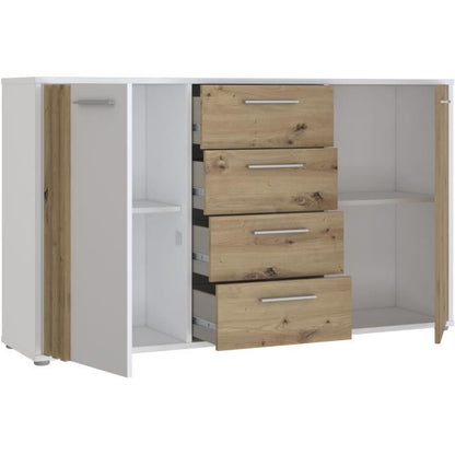 AUCUNE DRESSOIR CARDIGAN 2 deuren, 4 laden - Artisan eiken en wit decor - L142,6 x D34,2 x H82,3 cm - Metalen handgrepen met aluminium effect -