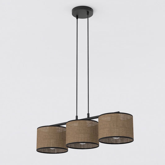 ECO 3 BL BRUIN pendant light with three brown fabric drum shades and black metal suspensions