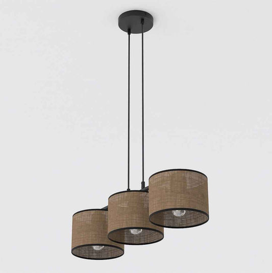 ECO 3 BL BRUIN pendant light by Daza-living, three-bulb black-cord fixture with brown burlap drum shades
