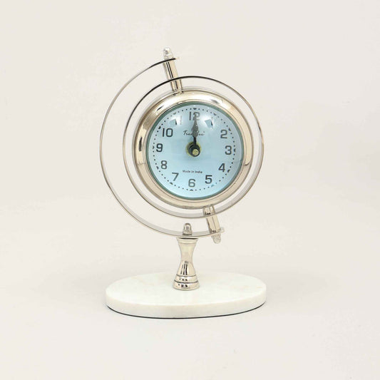Vintage wereldbol-bureauklok met marmeren voet | Luxe tafelaccent