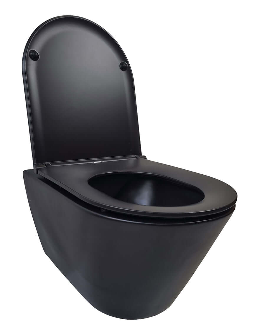 Stereo randloos wandtoilet Wiesbaden in matzwart met Flatline Soft Close en Quick Release toiletbril in matzwart