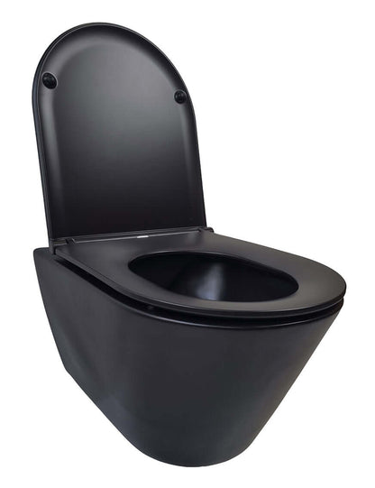 Stereo randloos wandtoilet Wiesbaden in matzwart met Flatline Soft Close en Quick Release toiletbril in matzwart