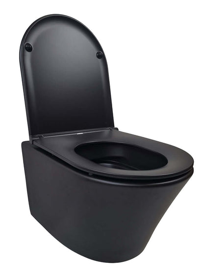 Vesta randloos wandtoilet Wiesbaden in matzwart met Flatline toiletbril Soft Close en snelsluiting