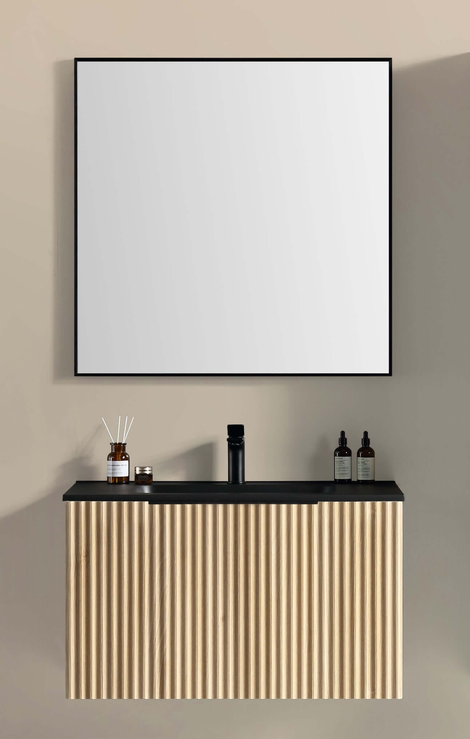 Ribbella badmeubel compleet 80 cm naturel eik/mat zwart Badkamermeubelen -> Complete badkamermeubelsets Sanitairluxe
