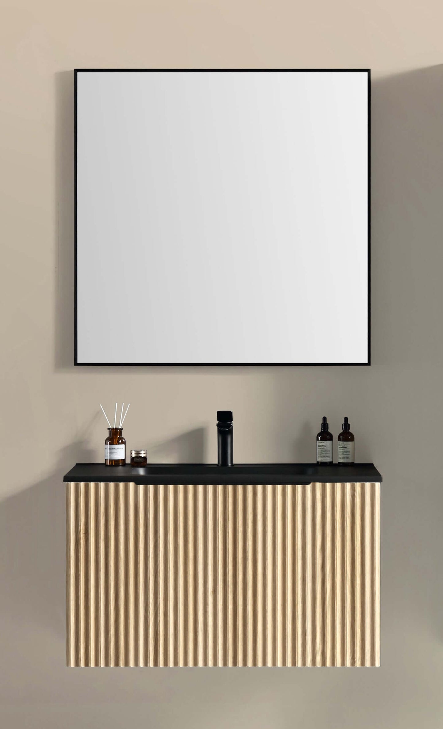 Ribbella badmeubel compleet 100 cm naturel eik/mat zwart Badkamermeubelen -> Complete badkamermeubelsets Sanitairluxe