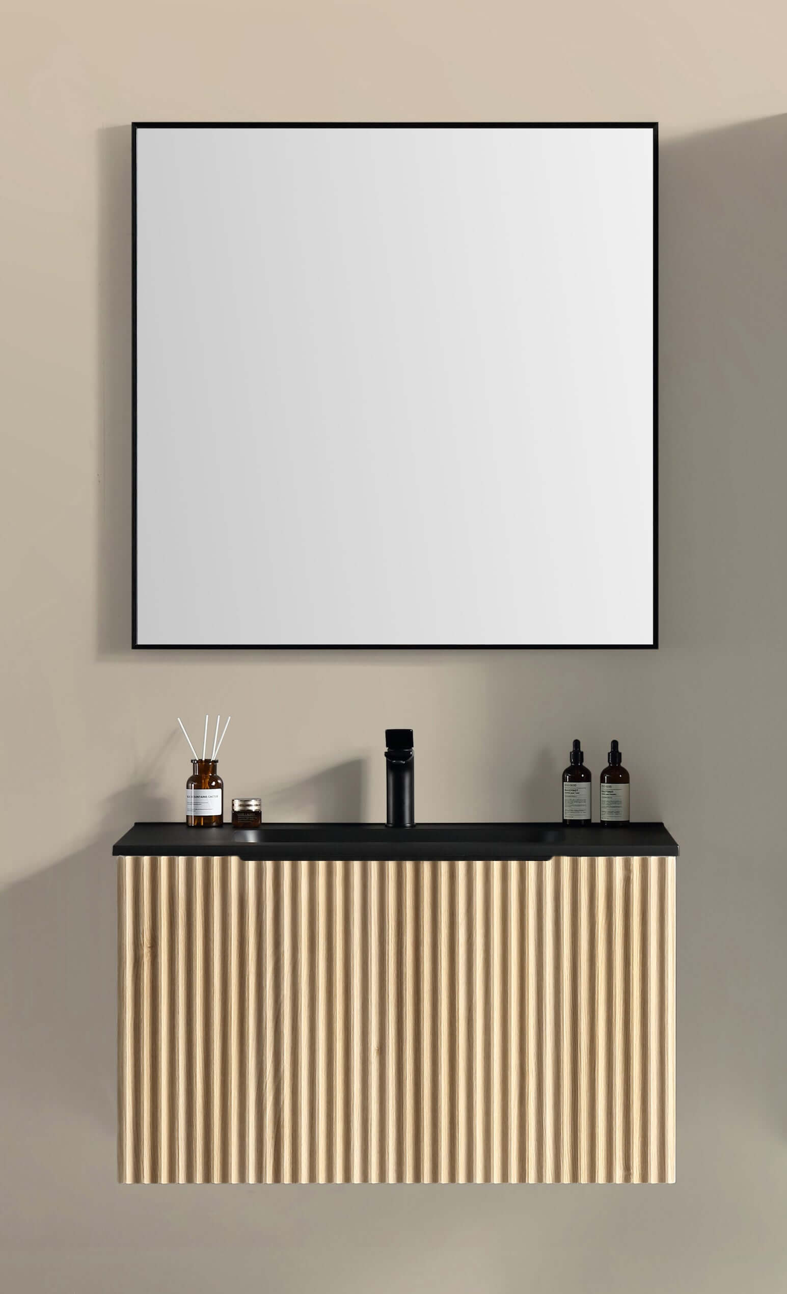 Ribbella badmeubel compleet 100 cm naturel eik/mat zwart Badkamermeubelen -> Complete badkamermeubelsets Sanitairluxe
