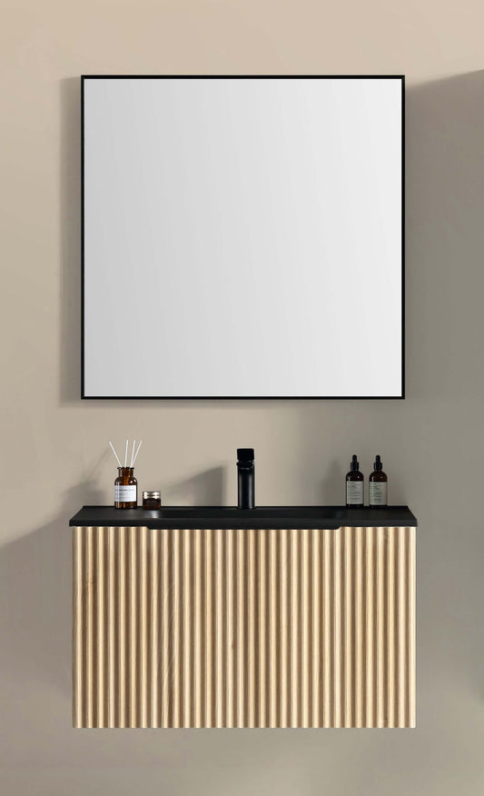 Ribbella badmeubel compleet 100 cm naturel eik/mat zwart Badkamermeubelen -> Complete badkamermeubelsets Sanitairluxe