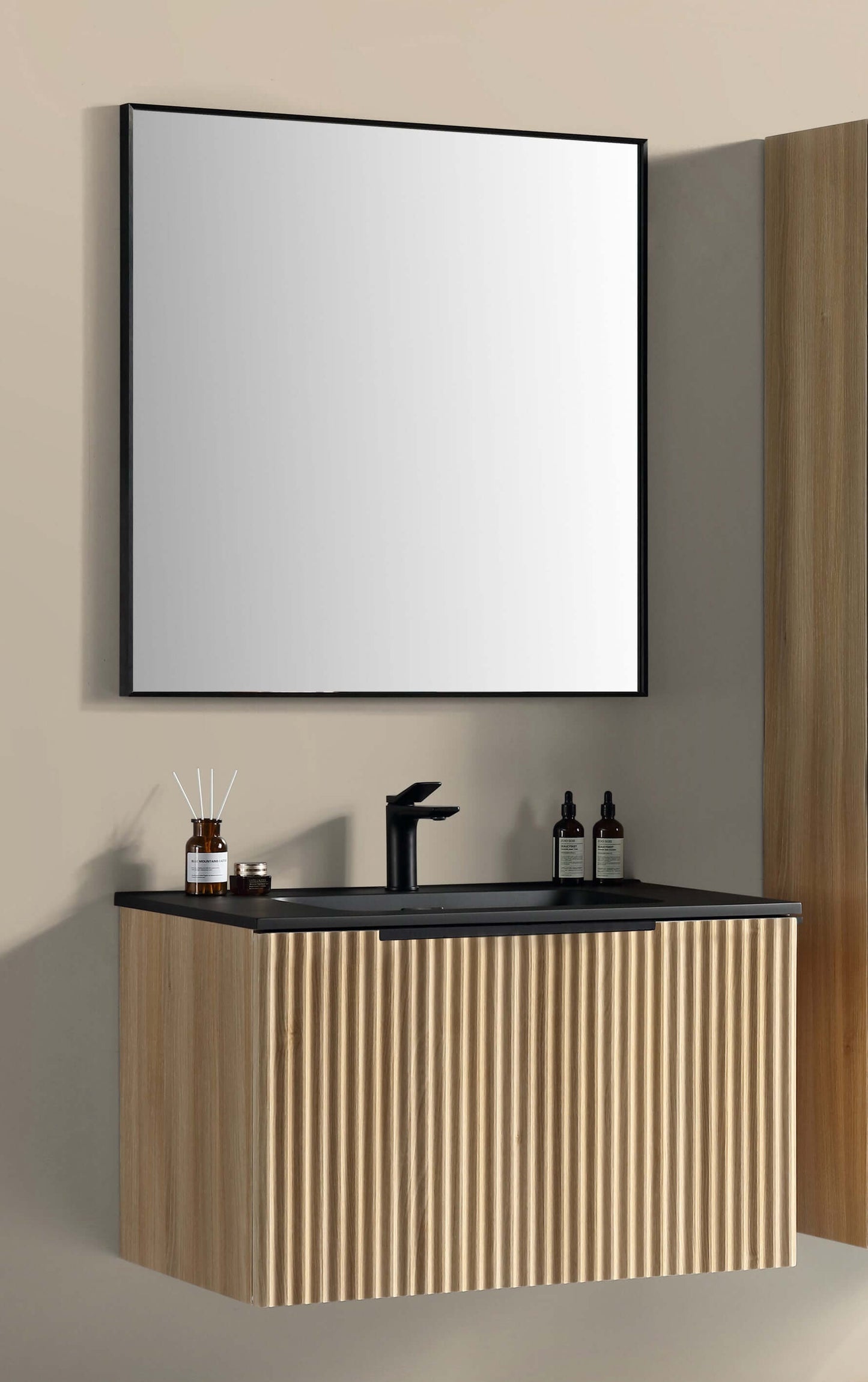 Ribbella badmeubel compleet 100 cm naturel eik/mat zwart Badkamermeubelen -> Complete badkamermeubelsets Sanitairluxe
