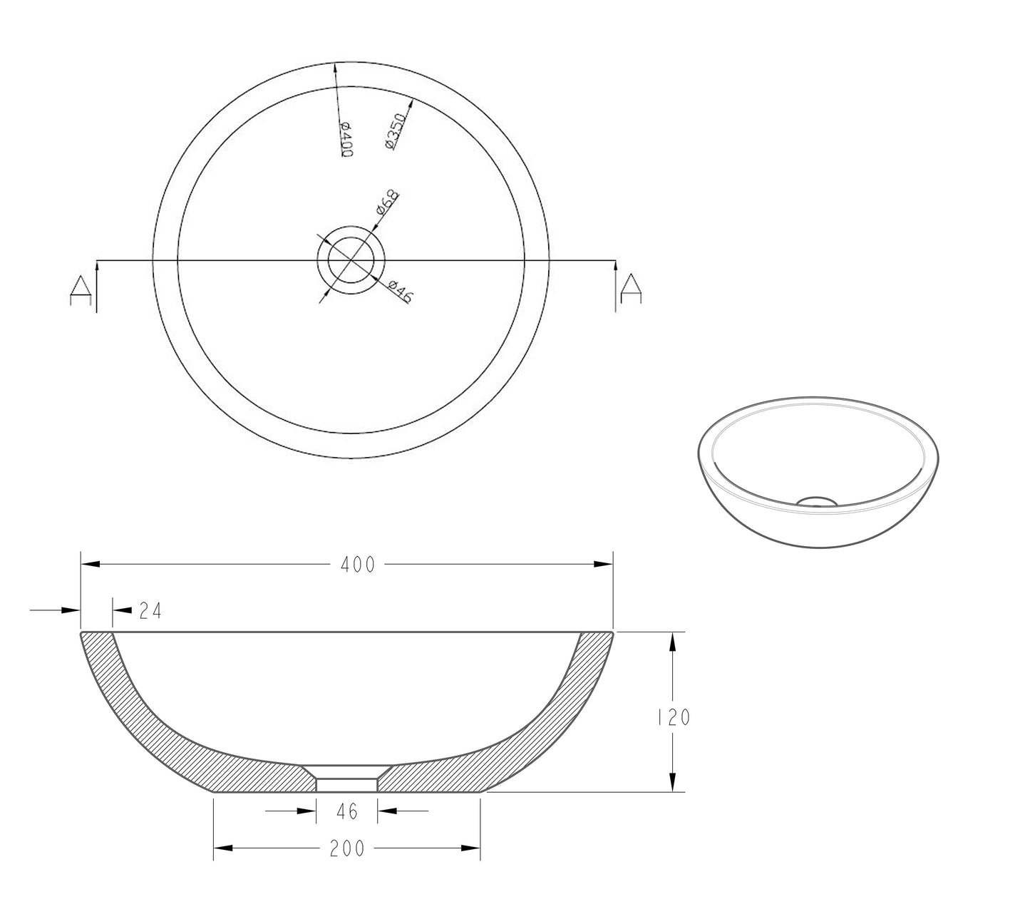 Raw waskom rond 40x12 cm hardsteen gezoet Wastafels -> Waskommen Sanitairluxe