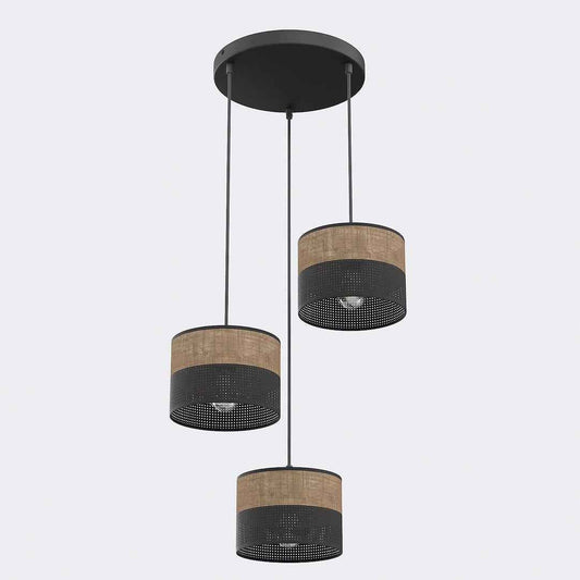 KARBON 3 BL BRUIN PREMIUM pendant light, three black and tan burlap drum shades