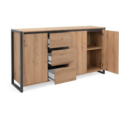 DENVER DENVER Buffetkast met 3 deuren en 3 lades - Ambachtelijk eiken decor / Antraciet - L 160 x D 40 x H 88 cm -