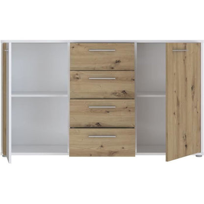 AUCUNE DRESSOIR CARDIGAN 2 deuren, 4 laden - Artisan eiken en wit decor - L142,6 x D34,2 x H82,3 cm - Metalen handgrepen met aluminium effect -