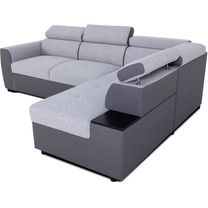 KELIO omkeerbare hoekbank - 4/5 zitplaatsen - Silex PU bi-materiaal stof / Grijs - 3 hoofdsteunen - 245 x 184 x 77/87 cm CASAPY