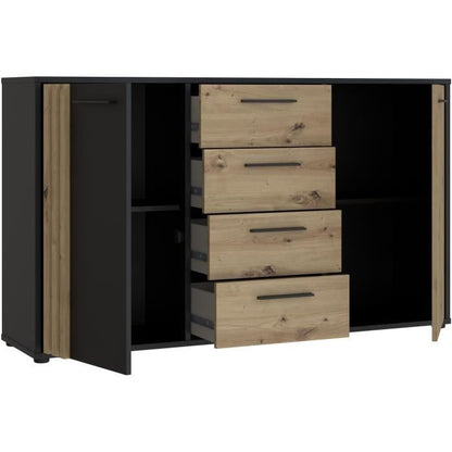 AUCUNE DRESSOIR CARDIGAN 2 deuren, 4 laden - Ambachtelijk eiken en zwart decor - L142,6 x D34,2 x H82,3 cm - Zwarte metalen handgrepen -