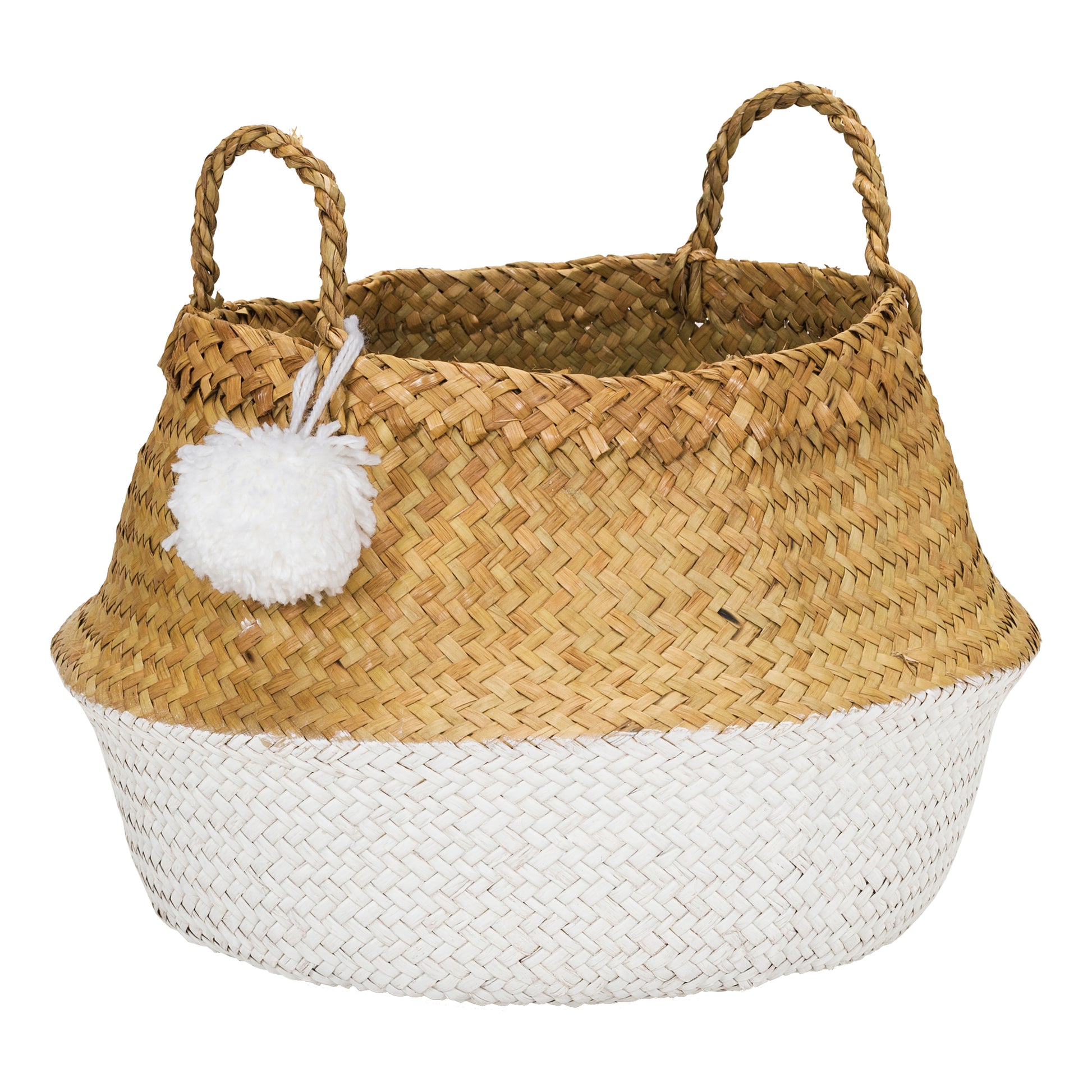 PomPom two-tone seagrass basket with white base, natural upper, and white pom-pom