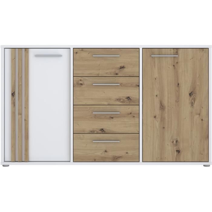 AUCUNE DRESSOIR CARDIGAN 2 deuren, 4 laden - Artisan eiken en wit decor - L142,6 x D34,2 x H82,3 cm - Metalen handgrepen met aluminium effect -