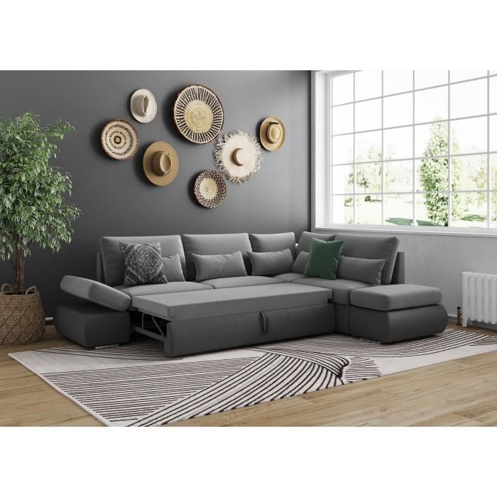 LOUNGITUDE SEVARA 4-zits omkeerbare hoekbank - PU en grijze stof - Opbergdoos - L267 x D200 x H90 cm - Furniture > Benches