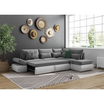 LOUNGITUDE SEVARA 4-zits hoekbank - Wit PU en lichtgrijze stof - Opbergdoos - L267 x D200 x H90 cm - Furniture > Benches