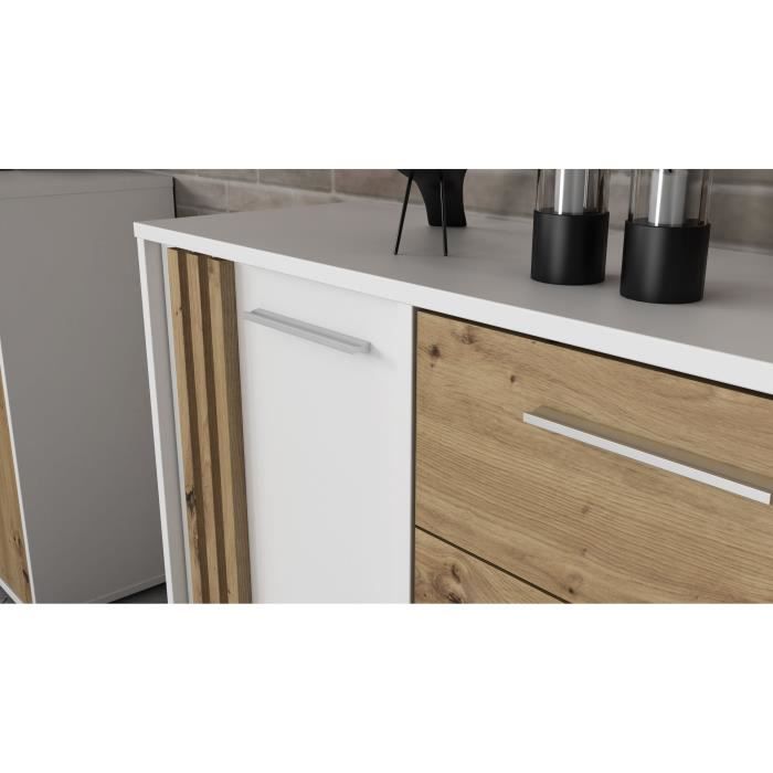 AUCUNE DRESSOIR CARDIGAN 2 deuren, 4 laden - Artisan eiken en wit decor - L142,6 x D34,2 x H82,3 cm - Metalen handgrepen met aluminium effect -