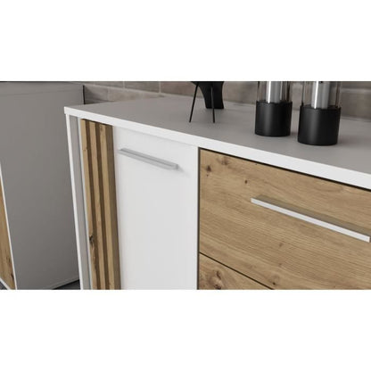 AUCUNE DRESSOIR CARDIGAN 2 deuren, 4 laden - Artisan eiken en wit decor - L142,6 x D34,2 x H82,3 cm - Metalen handgrepen met aluminium effect -