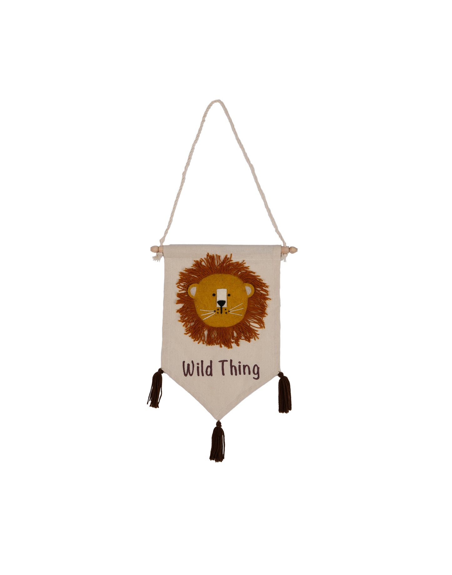 KidsDepot wandhanger Wild Thing banner with a lion face on beige fabric, rope hanger and tassels