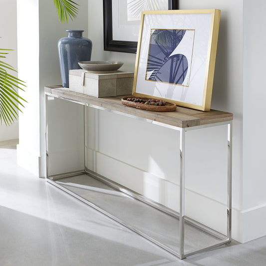 Modus Furniture International Ace Console Tafel van Teruggewonnen Vuren en Gepolijst Roestvrij Staal -