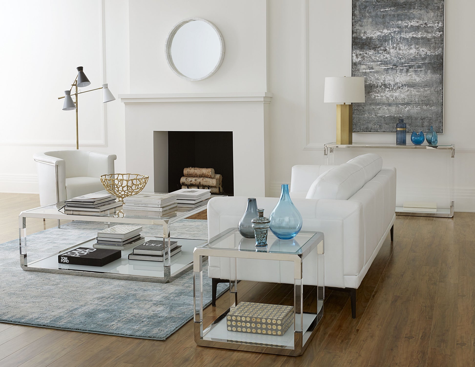 Modus Furniture International Jasper rechthoekige salontafel in acryl, wit glas en gepolijst roestvrij staal. -