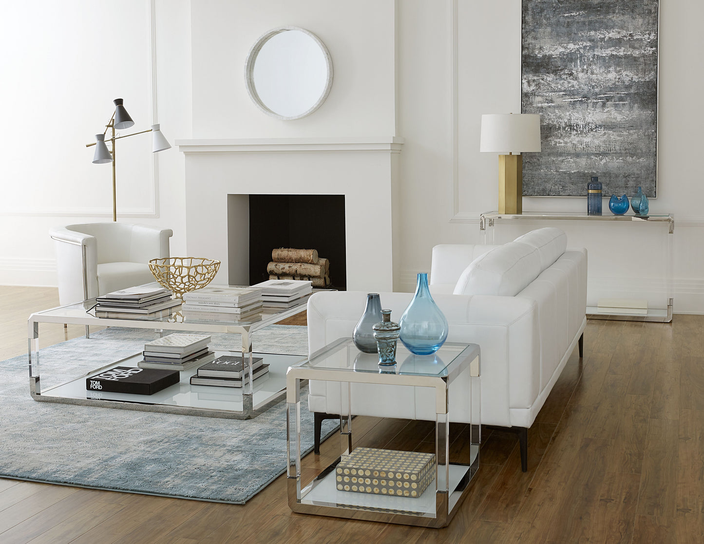 Modus Furniture International Jasper bijzettafel in acryl, wit glas en gepolijst roestvrij staal -