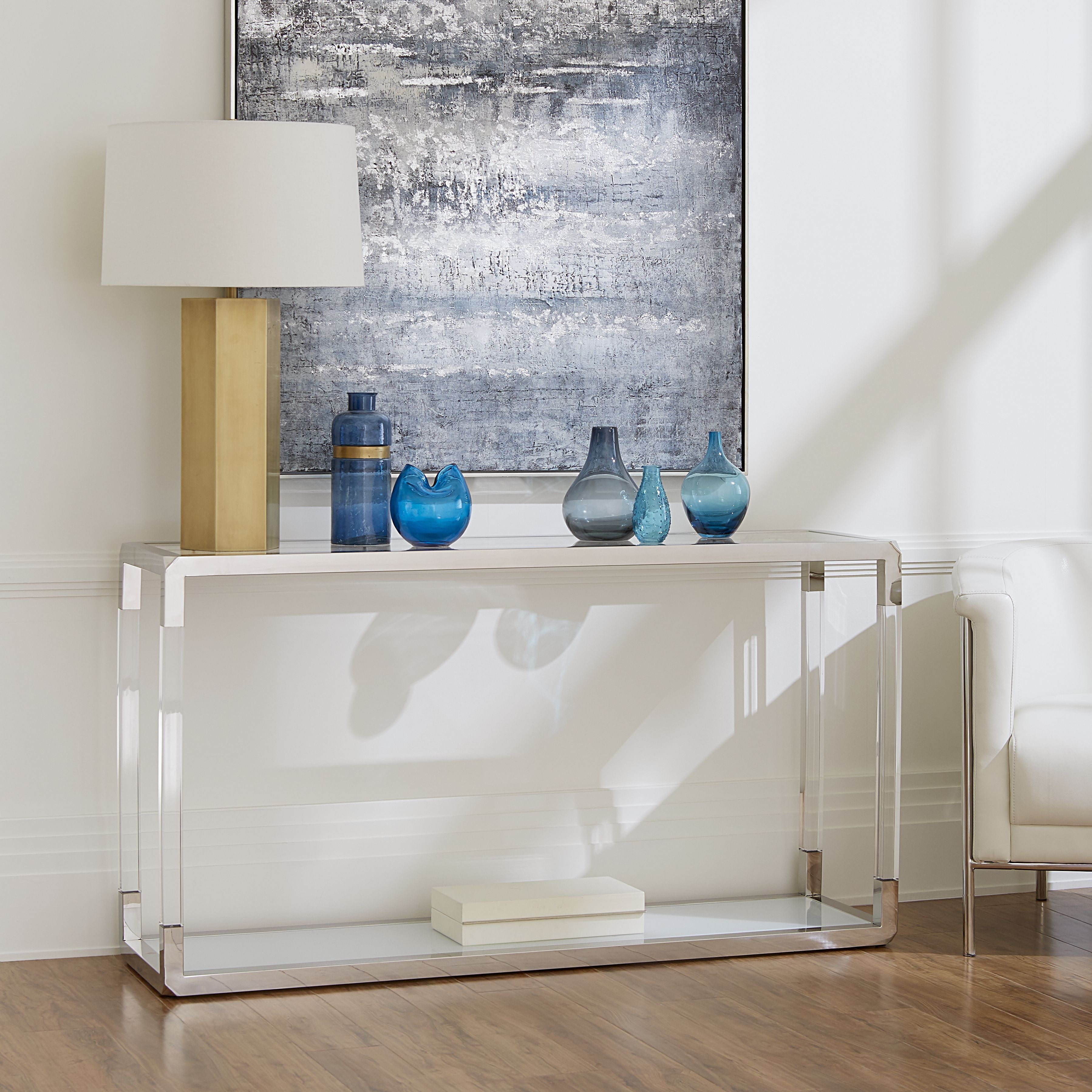 Jasper Console Tafel in Acryl, Wit Glas en Gepolijst Roestvrij Staal Modus Furniture International