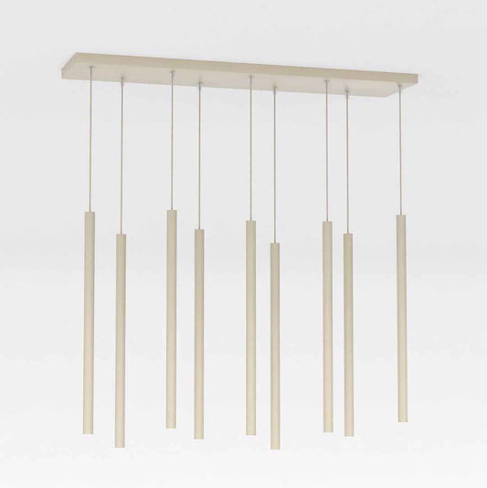 SELTER 9 MOKKA pendant light with nine beige wooden rods from a rectangular ceiling plate; modern minimalist design.
