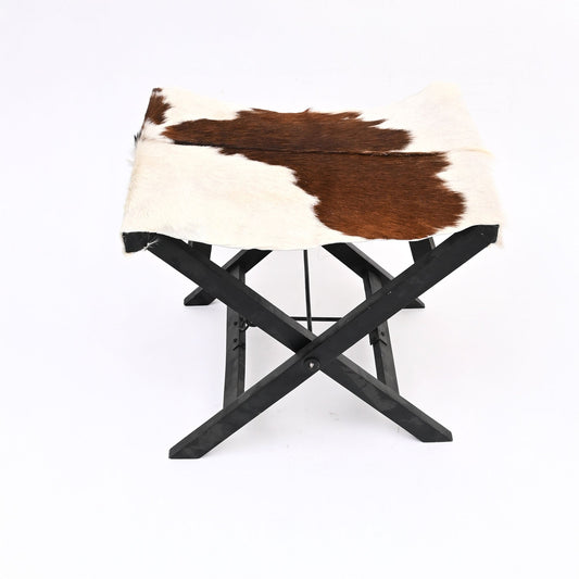 Opvouwbare campingkruk | Echt hair-on-leer & natuurlijk hout | Draagbaar rustiek zitje voor kamperen, terras en thuis ExpoBazaar