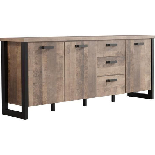 EMILE sideboard - Tobacco brown oak and matt black melamine - 3 doors + 3 drawers - L214 x D45 x H86 cm - TRENDTEAM 