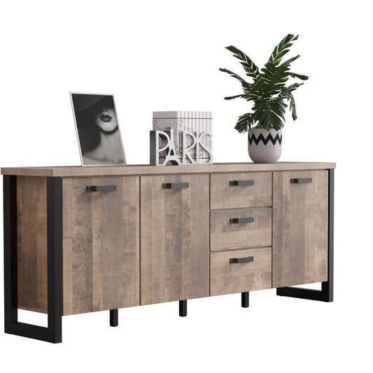 EMILE sideboard - Tobacco brown oak and matt black melamine - 3 doors + 3 drawers - L214 x D45 x H86 cm - TRENDTEAM 