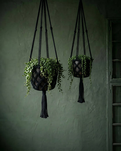 De macramé plantenhouder - Zwart - L