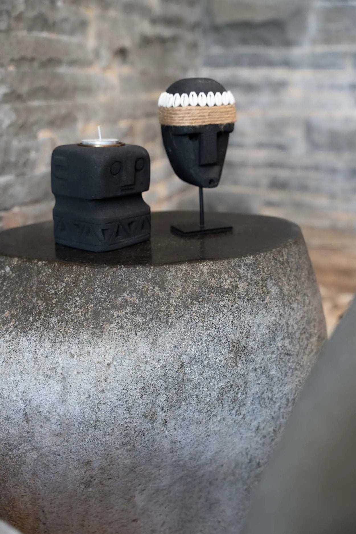 De Sumba Stone #26 Kaarsenhouder two-piece black stone candle holder set by Bazar Bizar