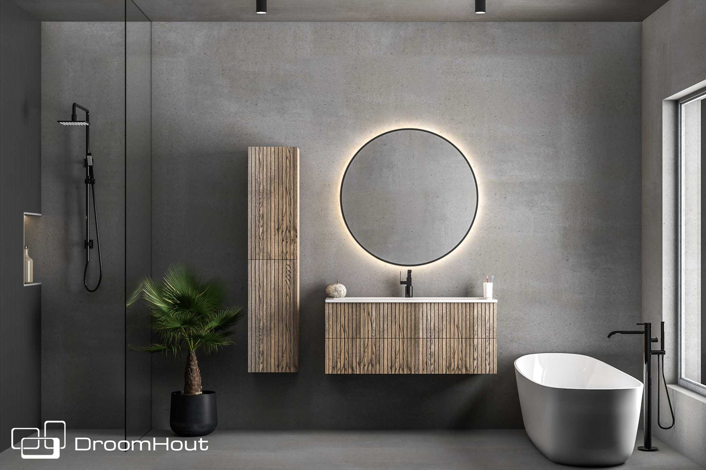 Badkamermeubel DroomHout Wave grijs eiken lak zonder kraangat grijs eiken lak zonder kraangat Badkamermeubel DroomHout