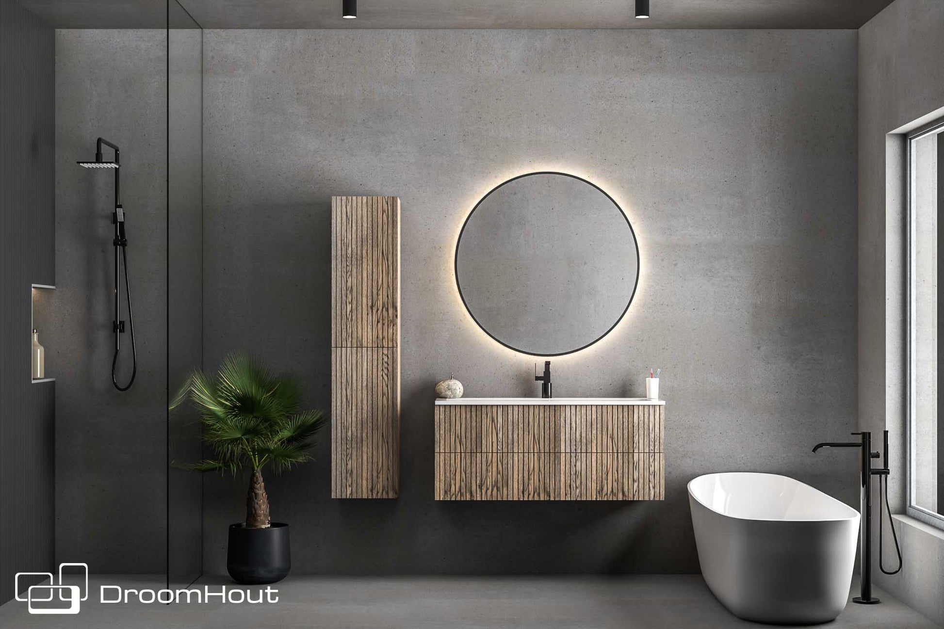 Badkamermeubel DroomHout Wave grijs eiken lak zonder kraangat grijs eiken lak zonder kraangat Badkamermeubel DroomHout