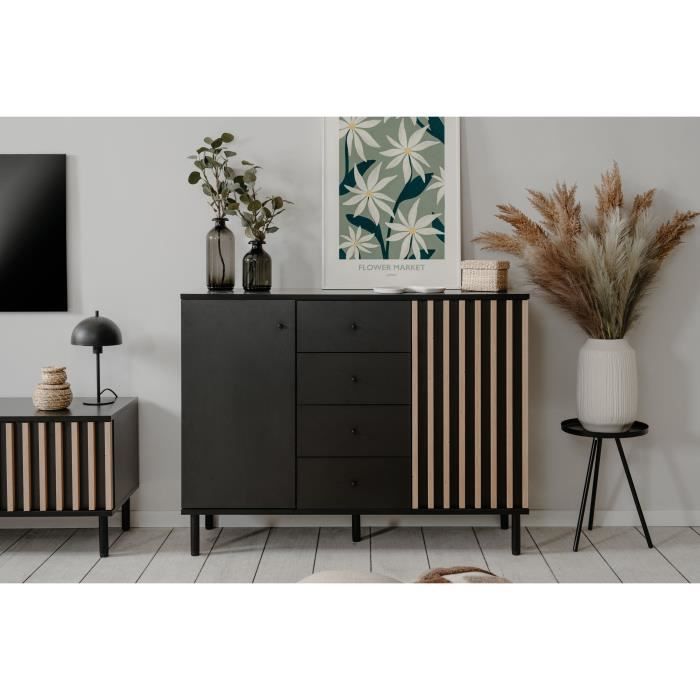 Sideboard - MONZA 01B - Black / Artisan oak - 2 doors - 4 drawers - 118 x 90 x 40 cm