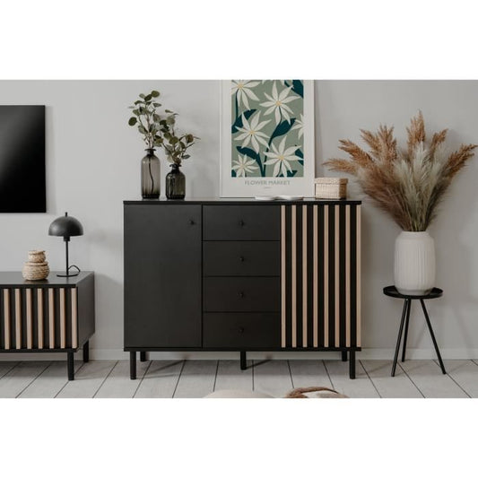 Sideboard - MONZA 01B - Black / Artisan oak - 2 doors - 4 drawers - 118 x 90 x 40 cm