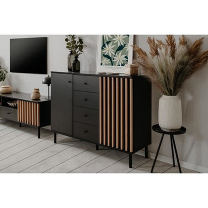 Sideboard - MONZA 01B - Black / Artisan oak - 2 doors - 4 drawers - 118 x 90 x 40 cm