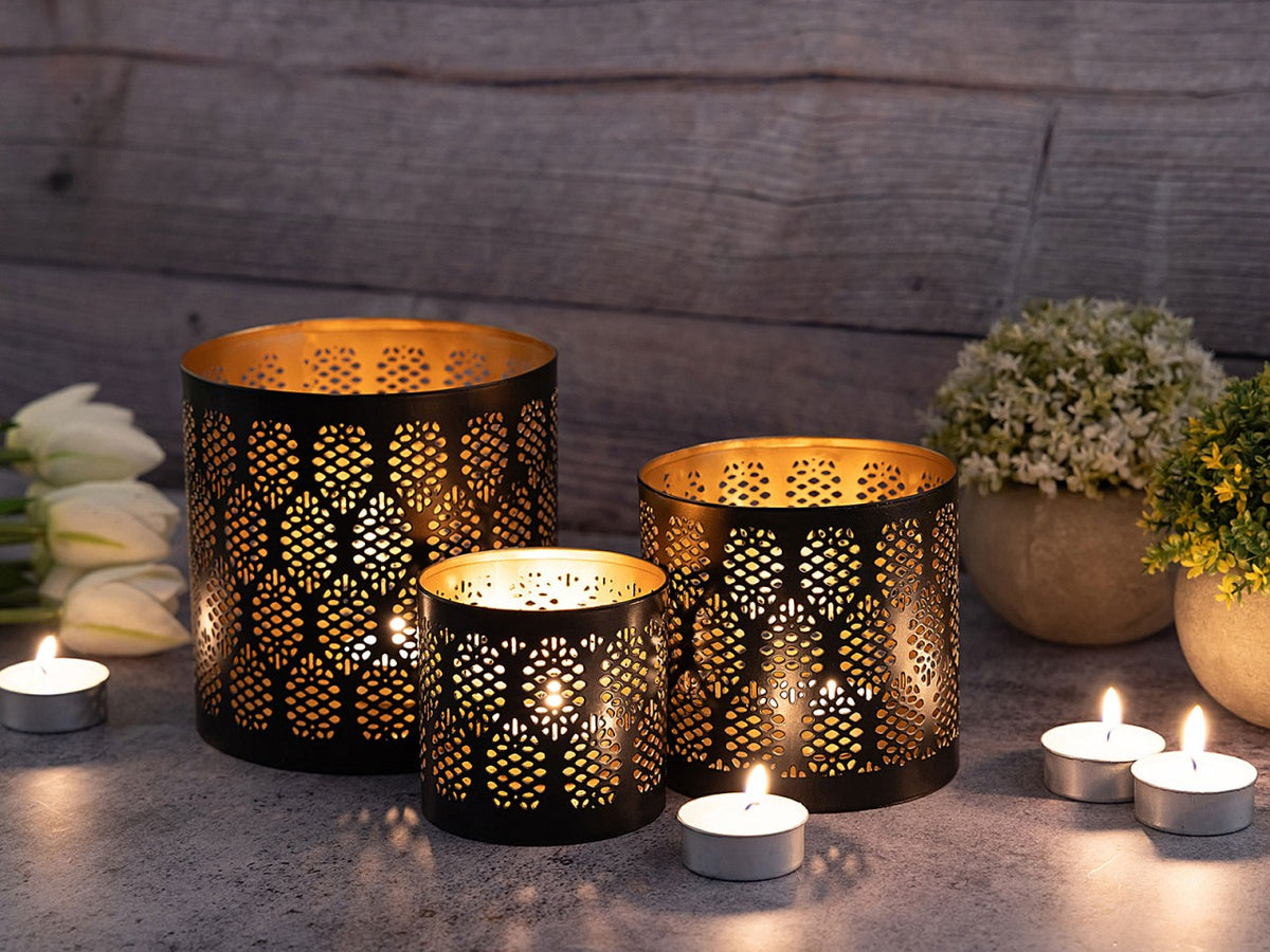 Set van 3 kandelaars windlicht oosters theelichthouder rond zwart goud