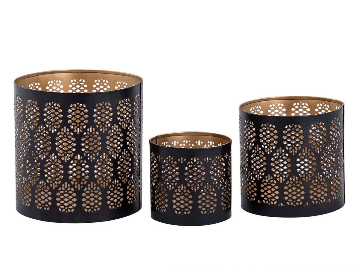 Set van 3 kandelaars windlicht oosters theelichthouder rond zwart goud