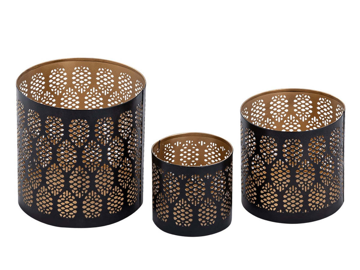 Set van 3 kandelaars windlicht oosters theelichthouder rond zwart goud