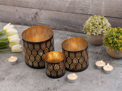 Set van 3 kandelaars windlicht oosters theelichthouder rond zwart goud